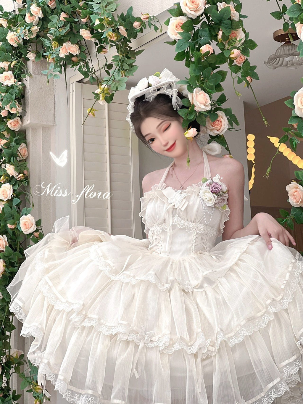 Elegant White Lolita Dress with Ruffled Skirt and Sheer Stockings - Vintage Whimsy for Every Occasion  JSK&OP