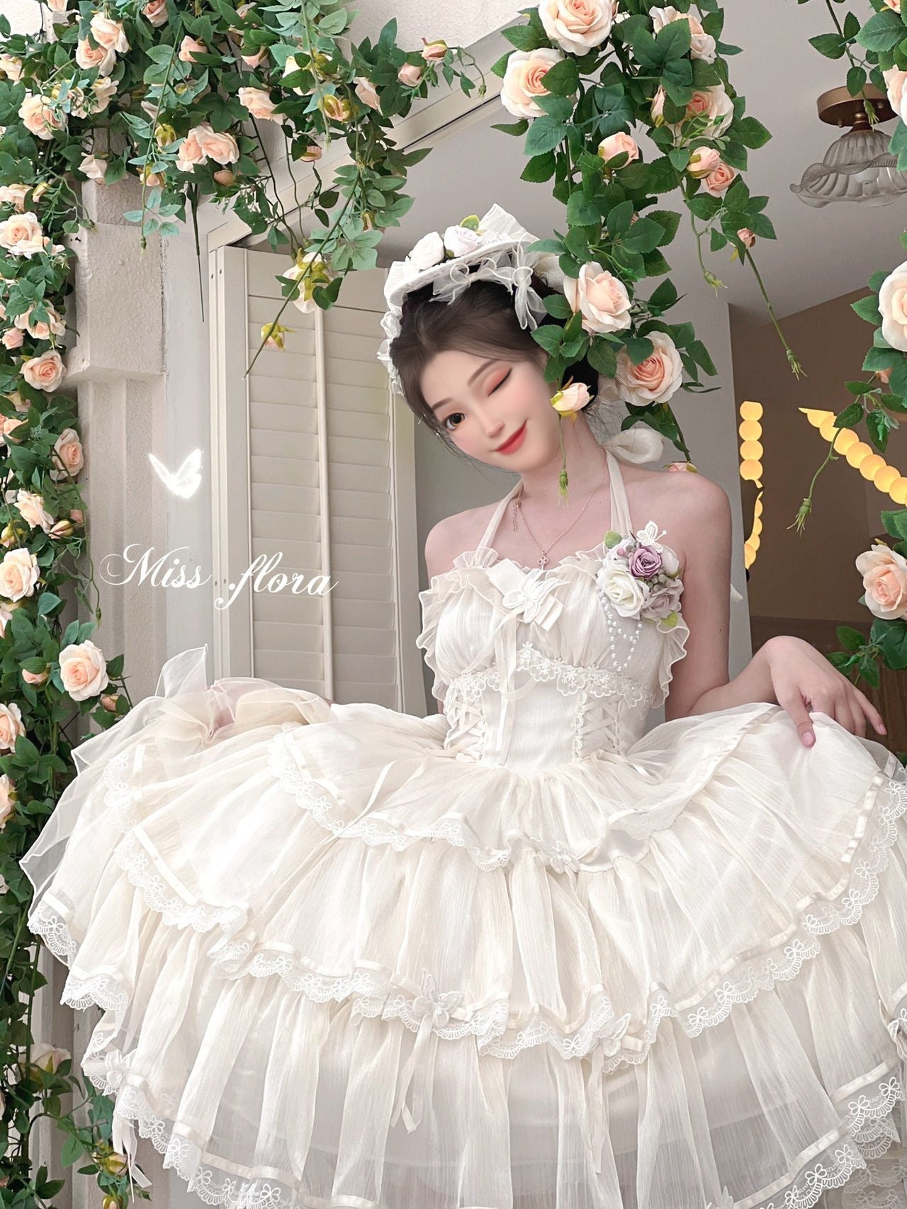 Elegant White Lolita Dress with Ruffled Skirt and Sheer Stockings - Vintage Whimsy for Every Occasion  JSK&OP