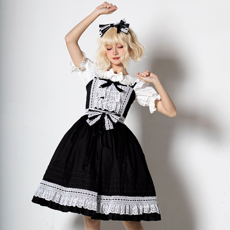 Elegant Multicolored Lolita Dress with Detachable Apron and Bow Details    OP & JSK