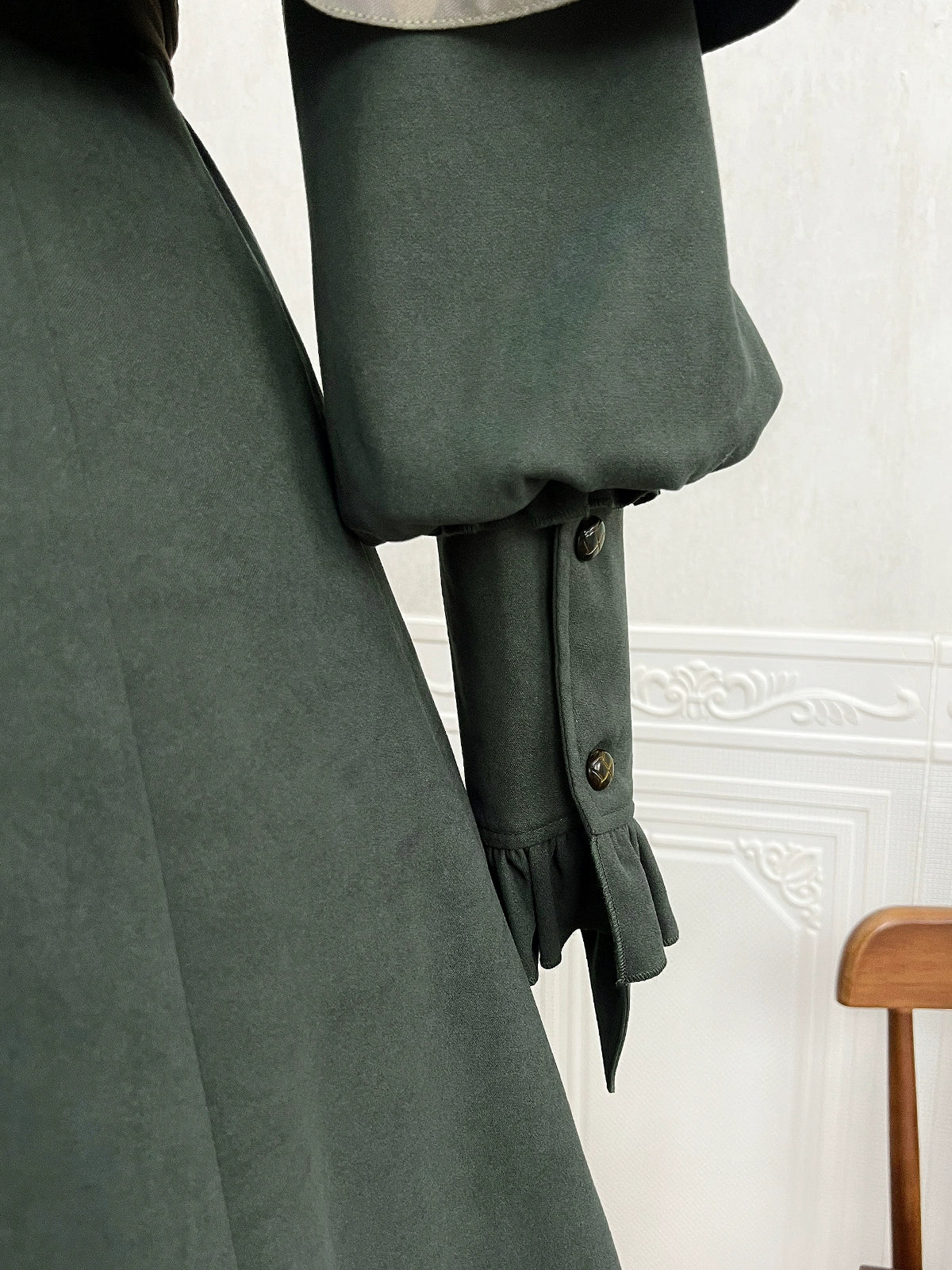 Fantasy - Style Capelet Dress with Embroidered Hem and Buckled Waist Belt