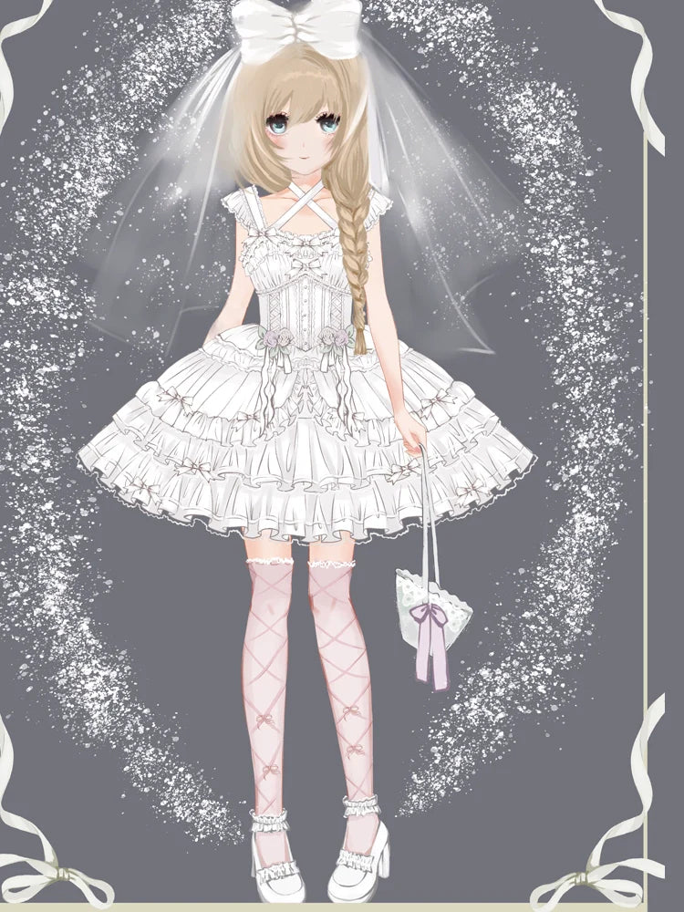 Elegant, lightweight wedding-style Lolita dress with a ballet-girl silhouette and ruffled details, inspired by cotton-candy motifs