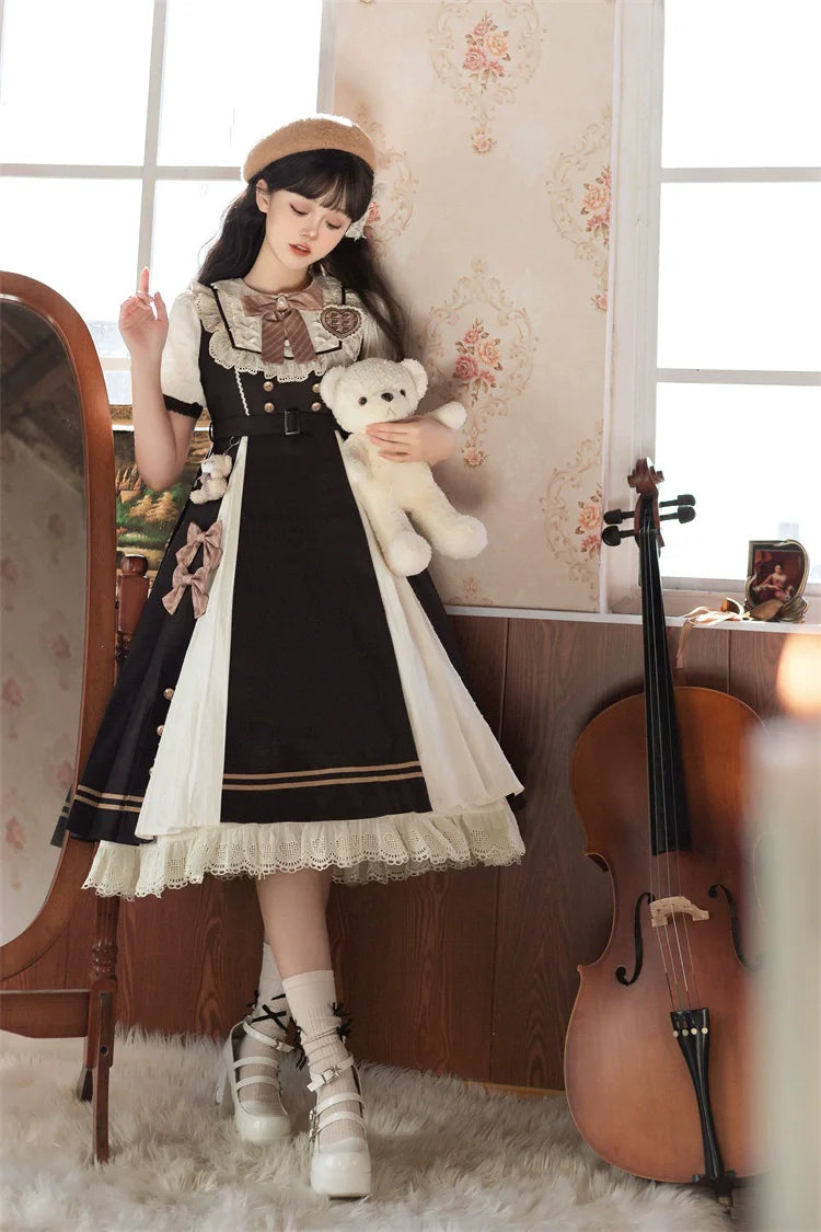 Cocoa Charm Lolita Dress - Elegant Short Sleeve OP with Striped Bow and Teddy Accent