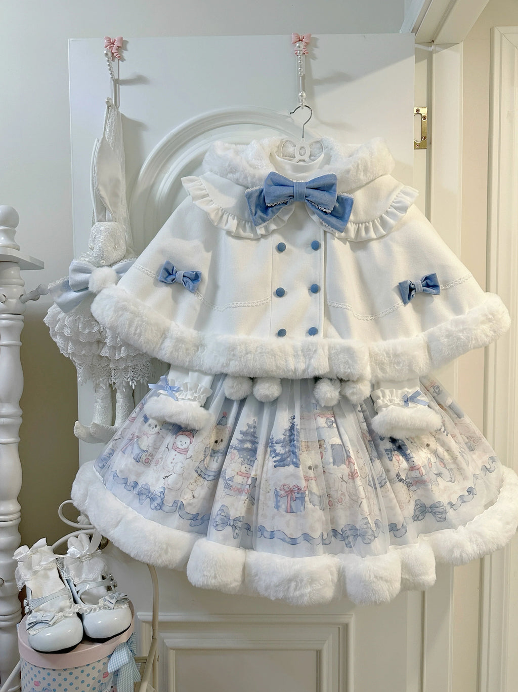 Lolita Dress with Adorable Bear Prints, Blue - toned Ribbons and Fluffy Trim, Comes with Matching Headpiece