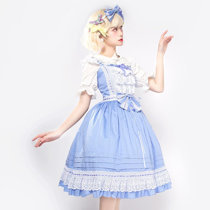 Elegant Multicolored Lolita Dress with Detachable Apron and Bow Details    OP & JSK