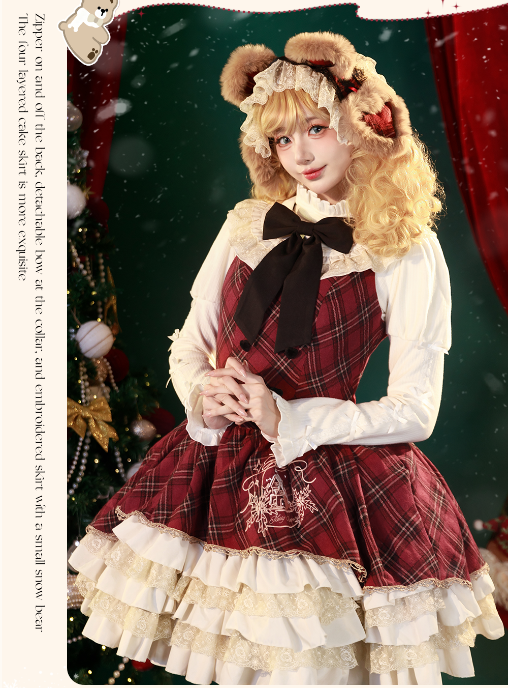 Chestnut Bear Cocoa Lolita Christmas Plaid Cloak JSK — Winter Vibe