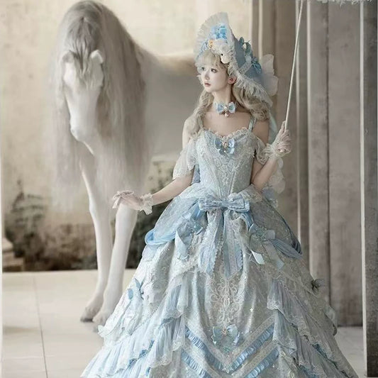 Dreamy Light - Blue Lolita Grand Ball Gown with Intricate Lace and Elegant Bow Decorations