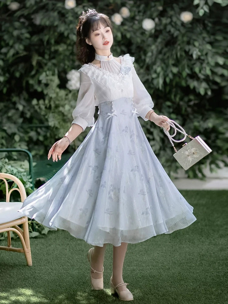 Lolita Fairy Dress! Lace Puff Sleeves + Light Blue Floral Maxi Skirt, Spring Garden Date Outfit