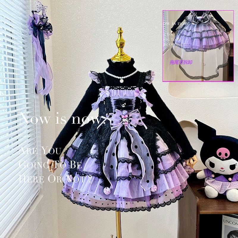 Elegant Black and Purple Lolita Dress for Girls - Intricate Lace and Ruffled Skirt - Perfect for Tea Parties and Special Occasions