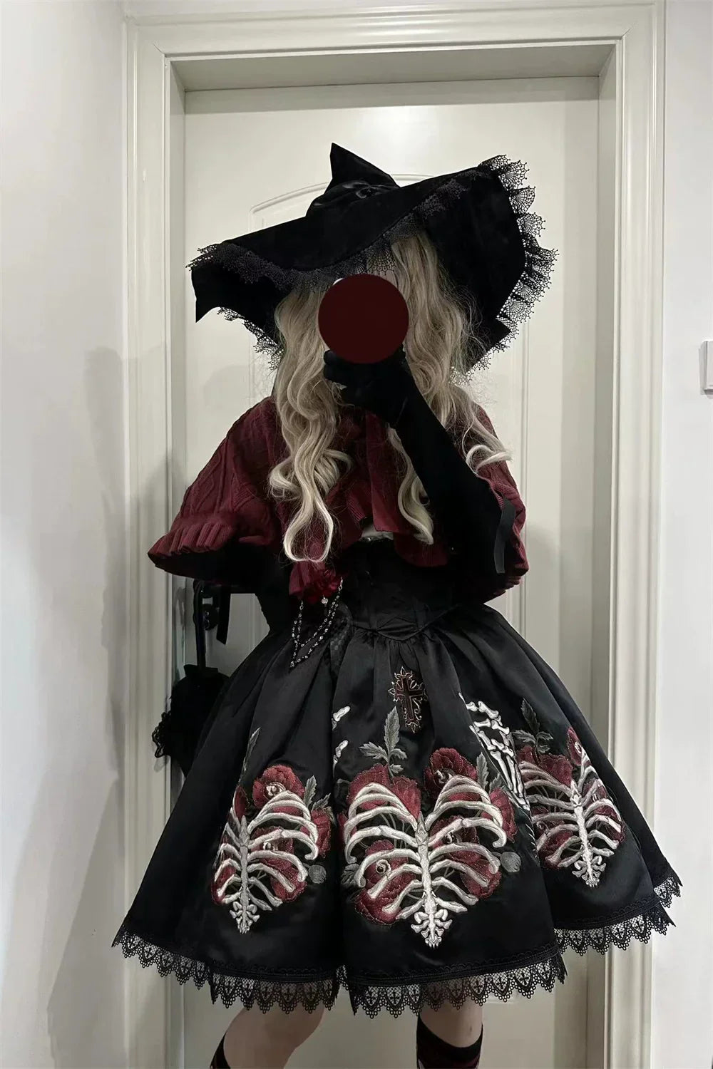 S-XL Skeleton Fishbone Skirt JSK Embroidered Beaded Dark Mysterious Dress Lolita Gown