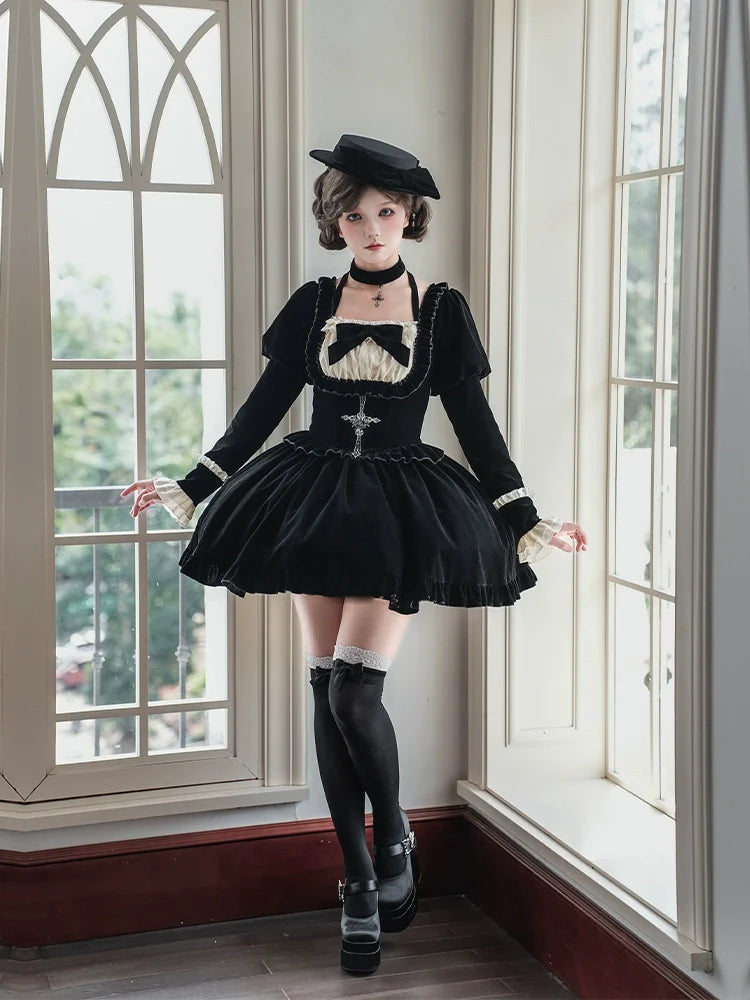 Square Neck Waist Boned Velvet OP Lolita (Gemini Winter Collection)