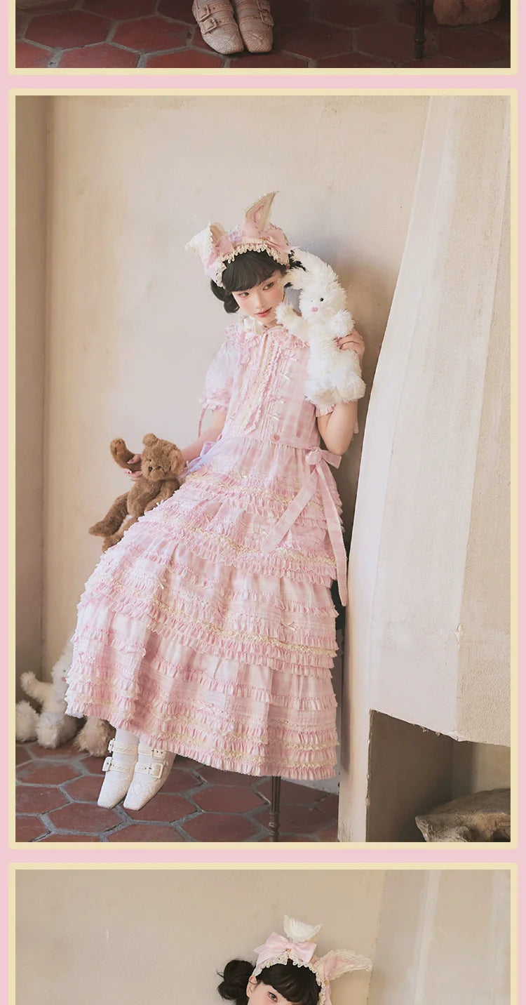 Pastel Pink Checkered Lolita Dress with Ruffled Skirt and Delicate Embellishments