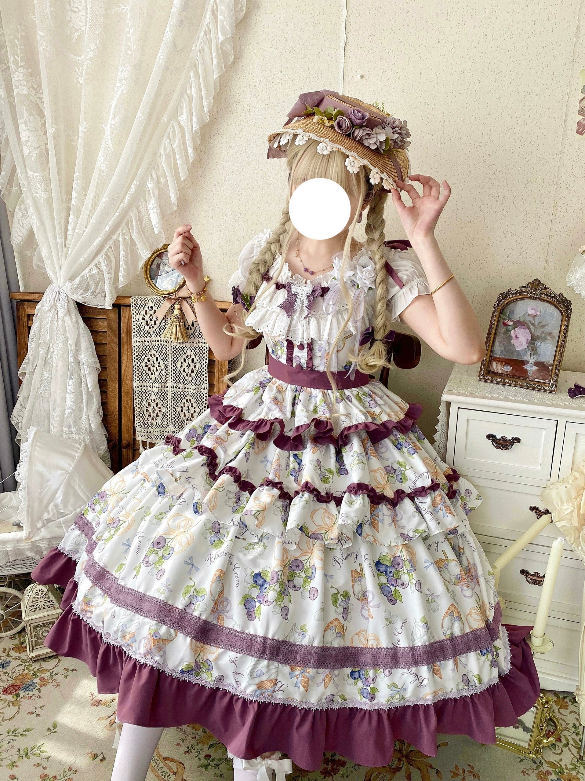 Pastel - hued Vintage - inspired Lolita Dress with Delicate Ruffles and Adorable Cartoon Prints