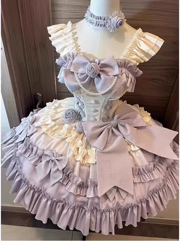 Elegant Lolita Style! Light Purple Princess Dress with Pearl Embellishments, Big Skirt Flare – Birthday Party Dress