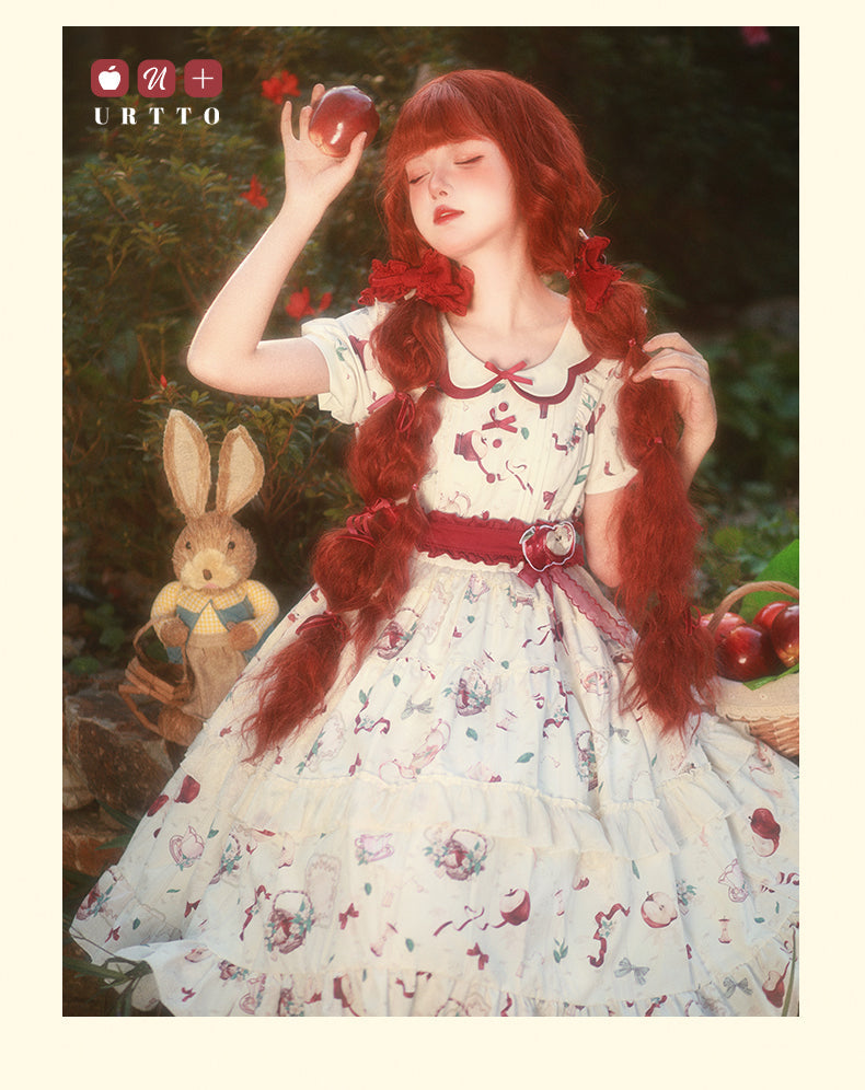 Vintage Whimsy Lolita OP - Cream Floral Pattern with Red Accents