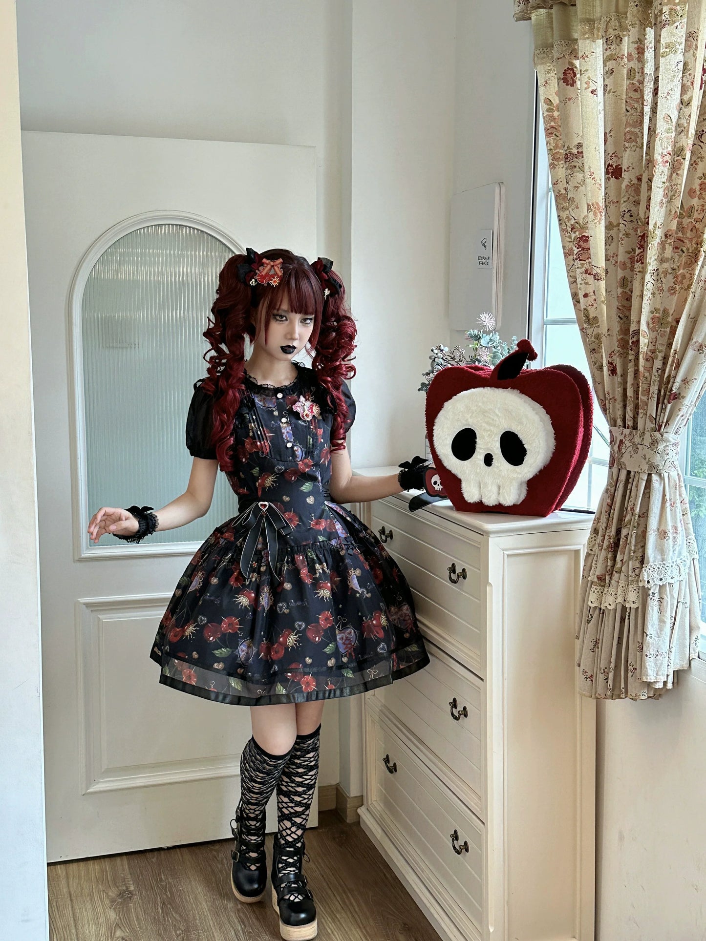 S-2XL Cherry Blossom Delight Lolita Dress – Sweet Vintage Print JSK/OP in Black, Red, Gray & White