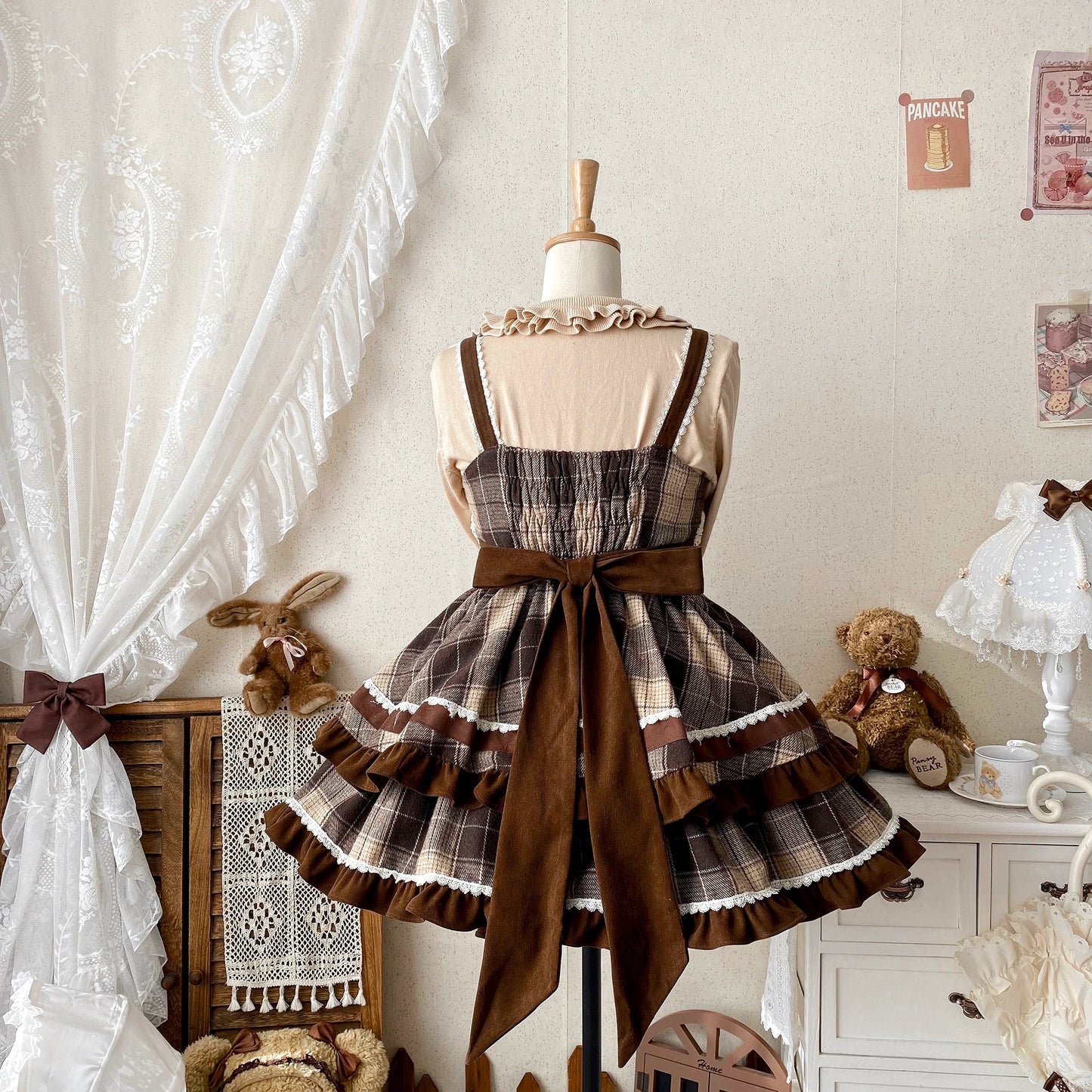Woodland Plaid Lolita Dress - Cozy Wool JSK with Velvet Bows and Lace Trim