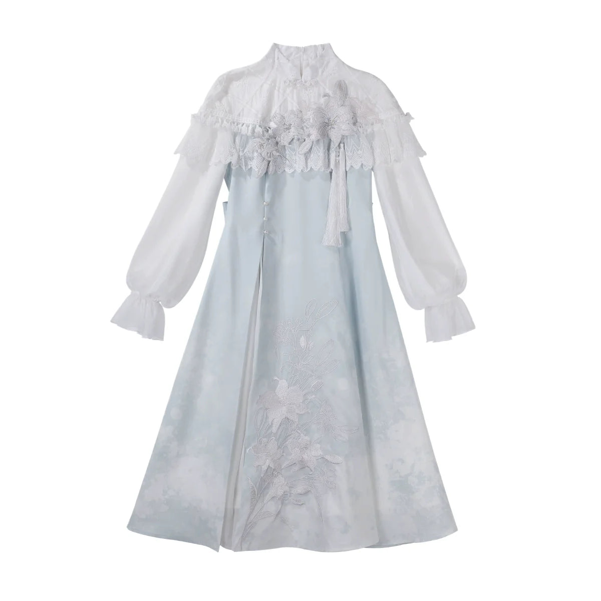 Light - blue Traditional Chinese - style Dress with Delicate Floral Embroidery and Sheer Sleeves
