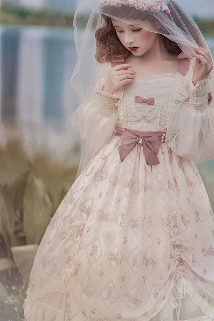 Elegant Cream Lolita Dress with Floral Embroidery and Ruffled Skirt - Perfect for Tea Parties and Special Occasions