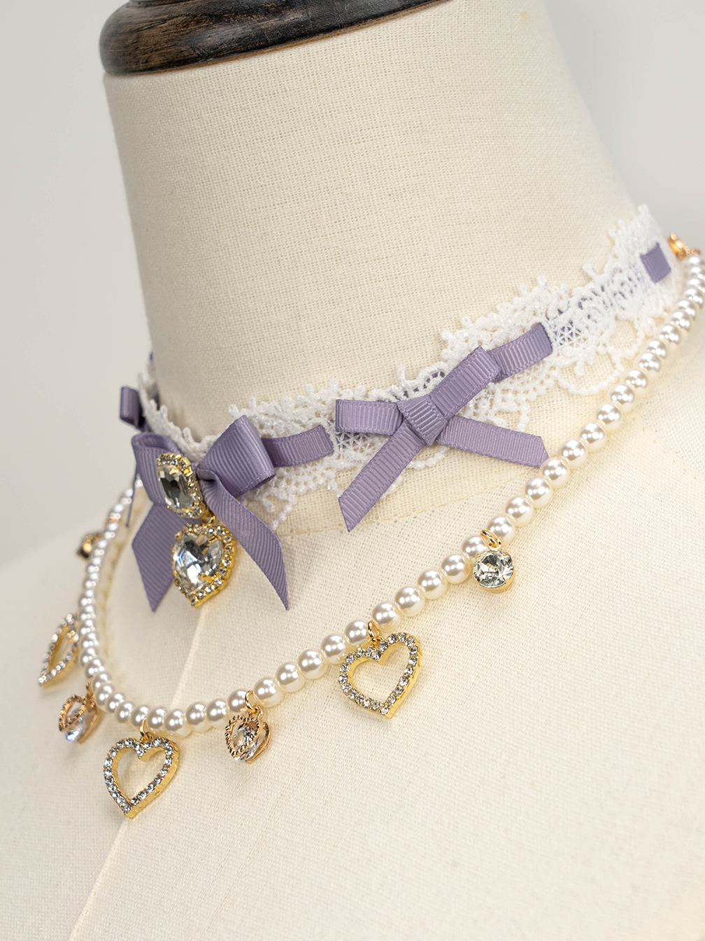 Edgy Punk Style Elaborate Double-Layer Necklace with Pearls and Gemstone Choker Lolita Collarbone Chain