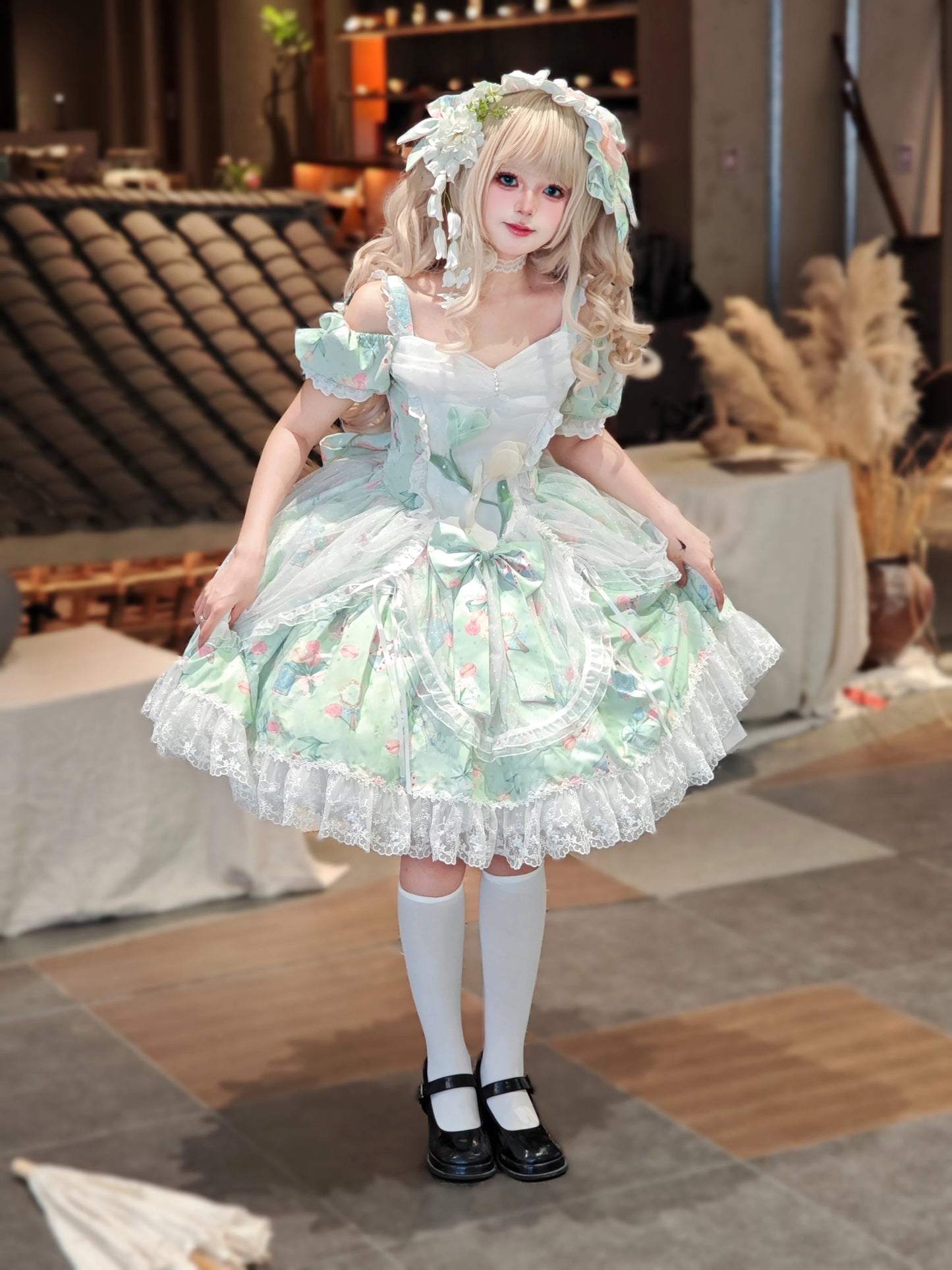 Vintage-Sweet Style Arrives! Mint-Green Print Lolita Dress with Lace Trim – Create a Retro-Sweet Girl Look