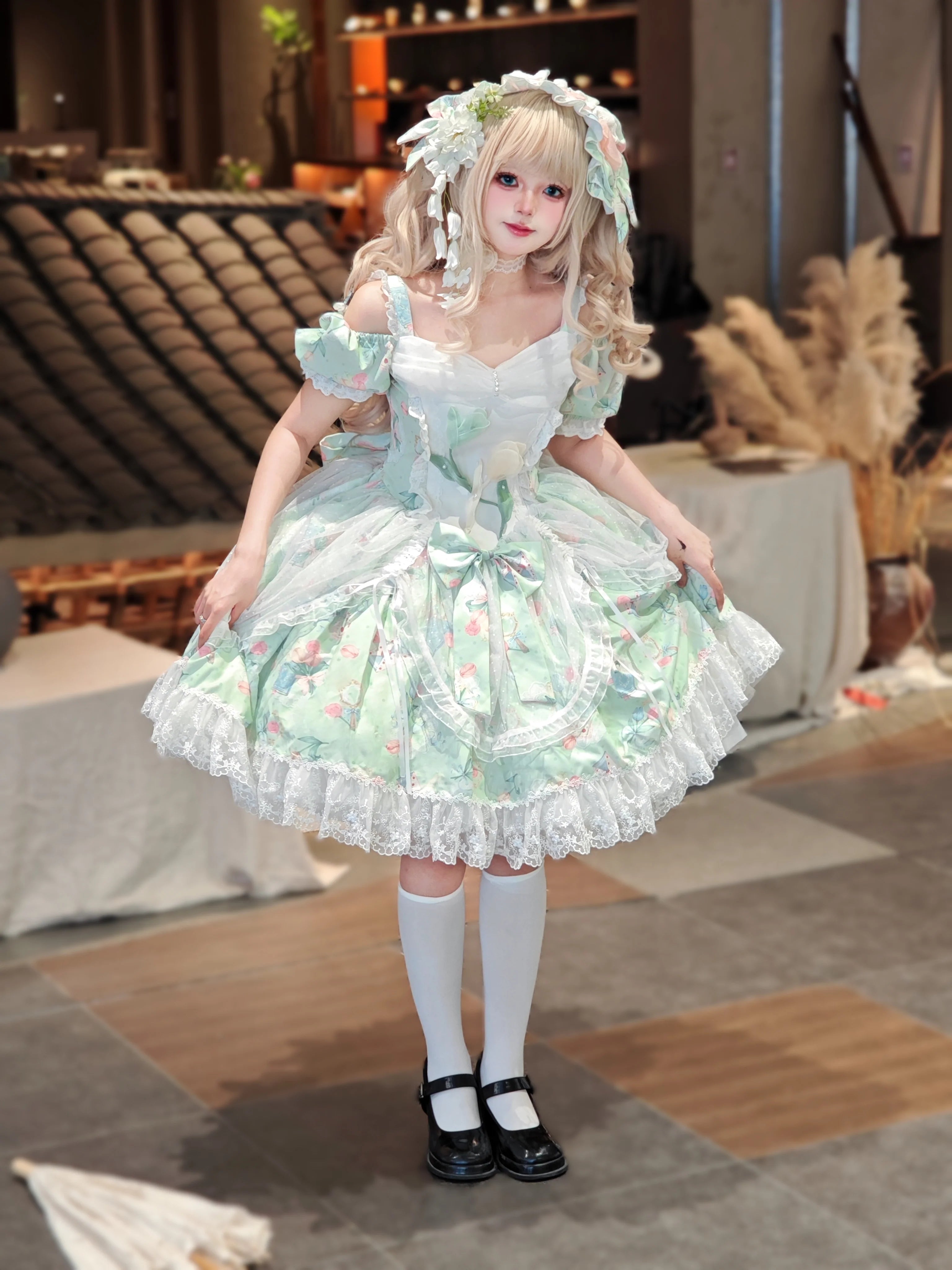 Vintage-Sweet Style Arrives! Mint-Green Print Lolita Dress with Lace Trim – Create a Retro-Sweet Girl Look