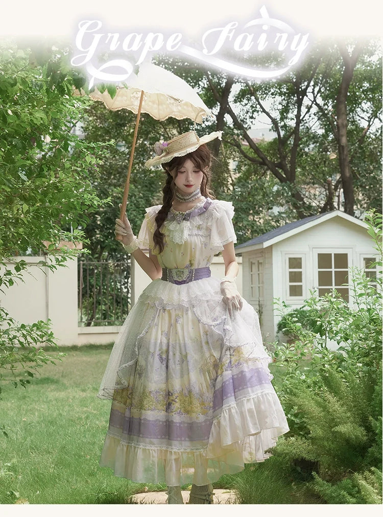 Lolita Dress - Delicate Purple - hued with Floral Patterns, Short - sleeved and Floor - length