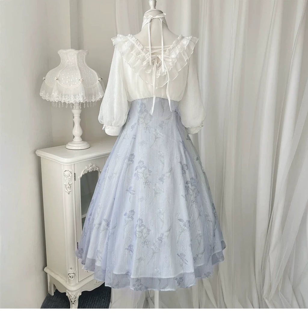 Lolita Fairy Dress! Lace Puff Sleeves + Light Blue Floral Maxi Skirt, Spring Garden Date Outfit