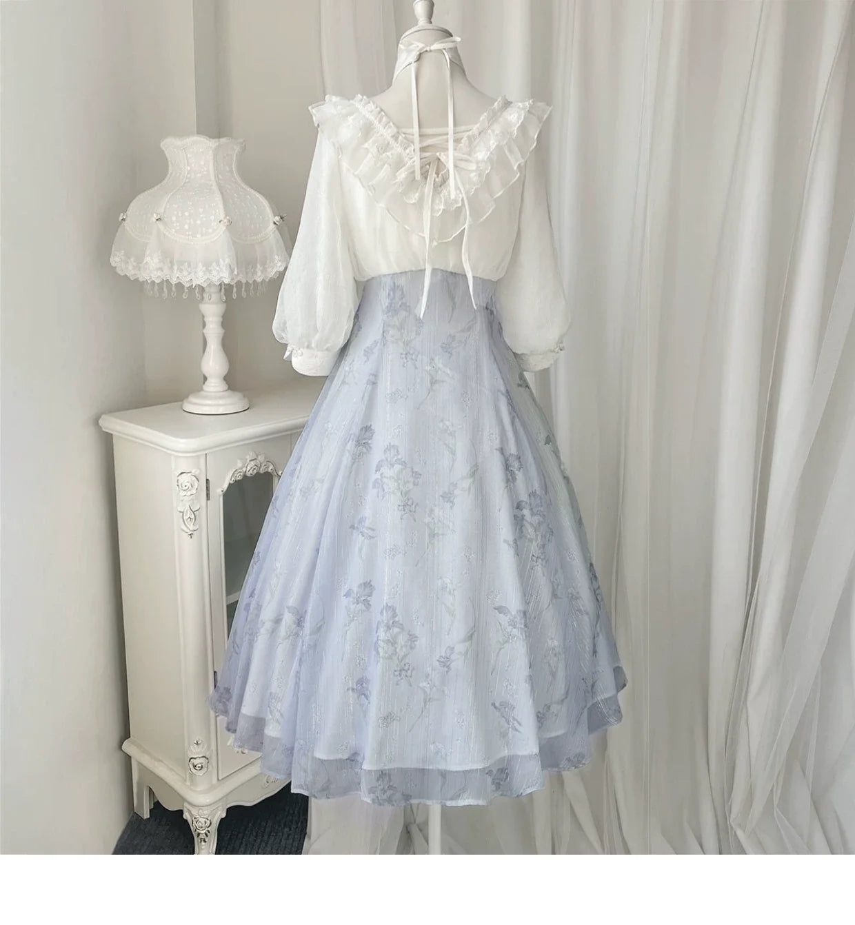 Lolita Fairy Dress! Lace Puff Sleeves + Light Blue Floral Maxi Skirt, Spring Garden Date Outfit