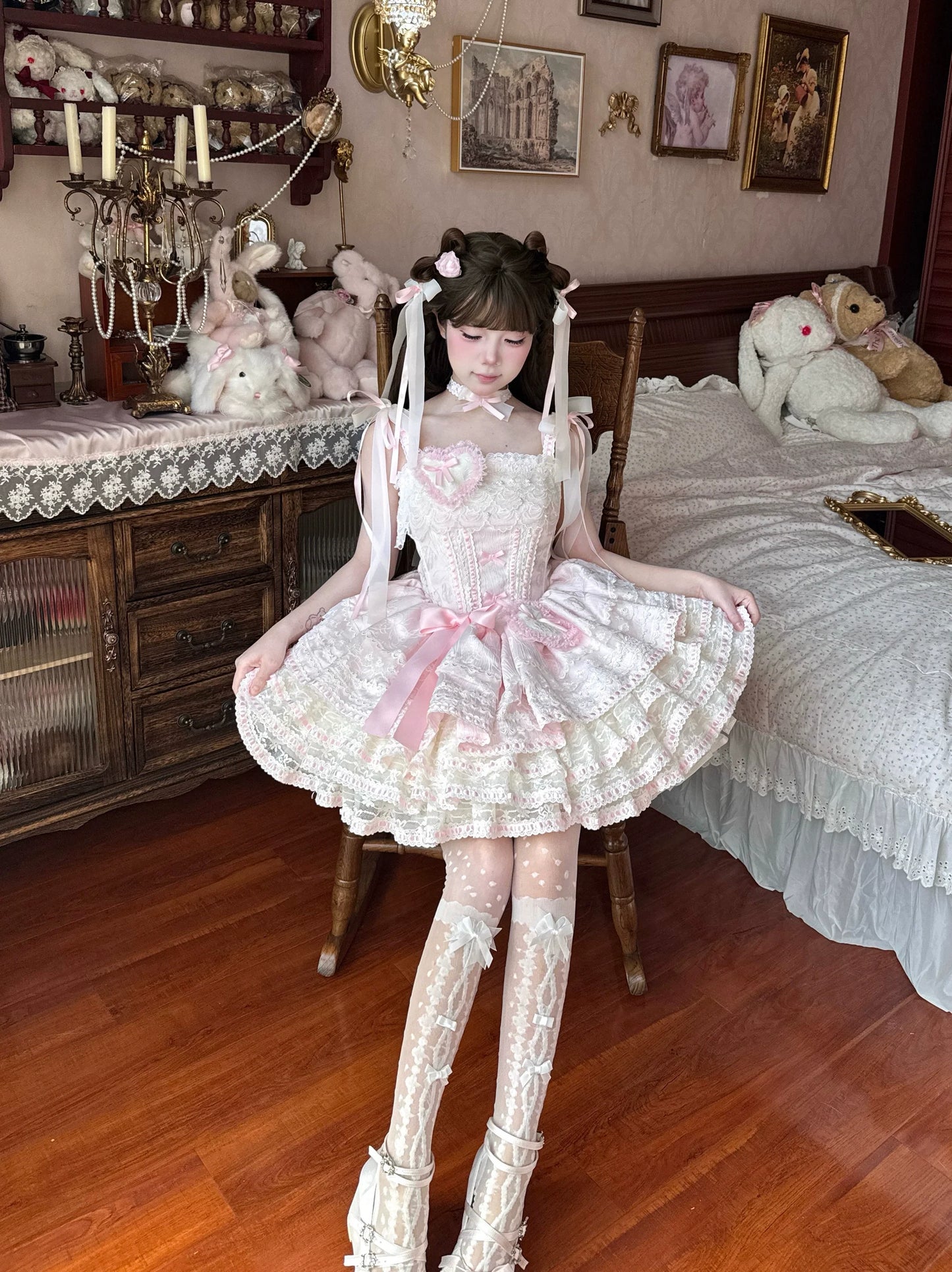 Whimsical Pastel Lolita Dress with Embroidered Animal Motifs and Ruffled Skirt