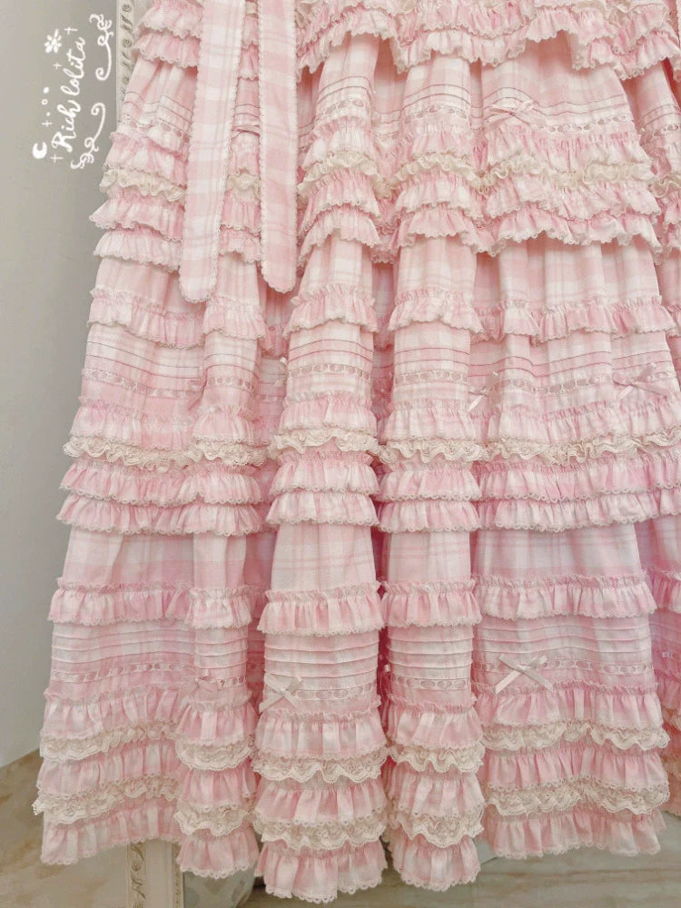 Pastel Pink Checkered Lolita Dress with Ruffled Skirt and Delicate Embellishments