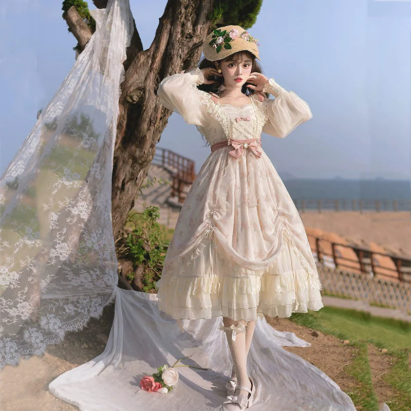 Elegant Cream Lolita Dress with Floral Embroidery and Ruffled Skirt - Perfect for Tea Parties and Special Occasions