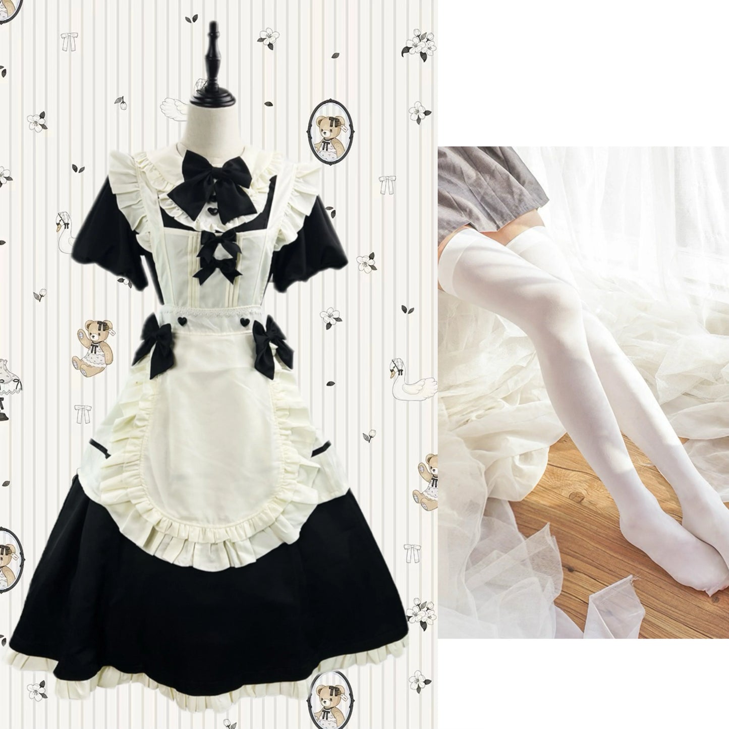 Elegant Black and White Lolita Maid Dress with Ruffled Skirt and Delicate Bows