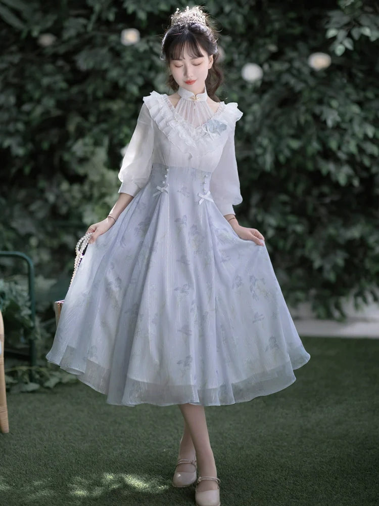 Lolita Fairy Dress! Lace Puff Sleeves + Light Blue Floral Maxi Skirt, Spring Garden Date Outfit