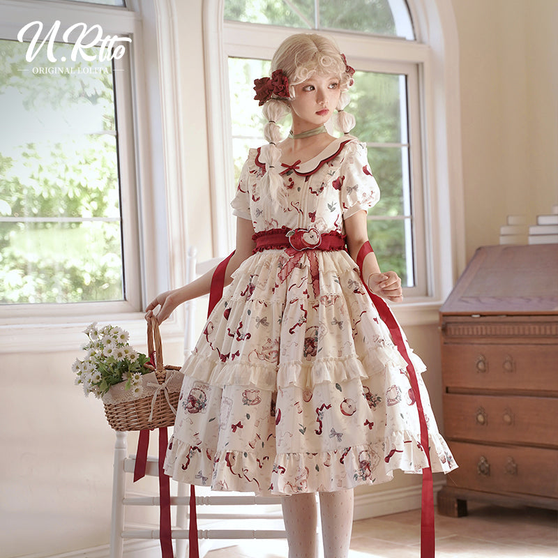 Vintage Whimsy Lolita OP - Cream Floral Pattern with Red Accents