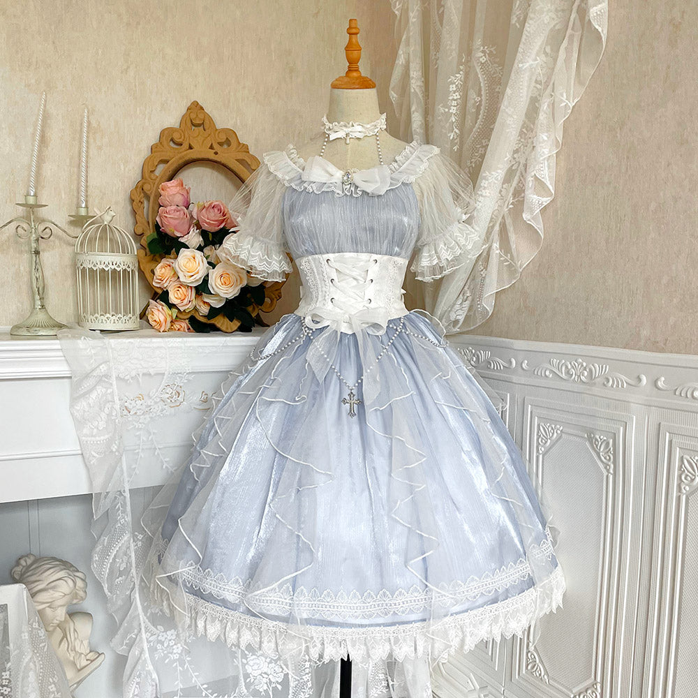 Ethereal Pastel Blue Lolita OP with Delicate Lace Accents and Adjustable Waist Ties