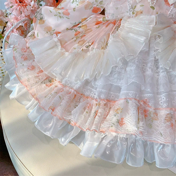 Charming Pastel Pink Lolita Dress for Girls - Floral Embellished, Multi-Layered Skirt, Perfect for Tea Parties and Special Occasions