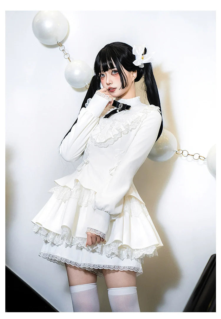 Gothic Lolita Dress with White Lace Collar, Long Sleeves and Lace - up Details