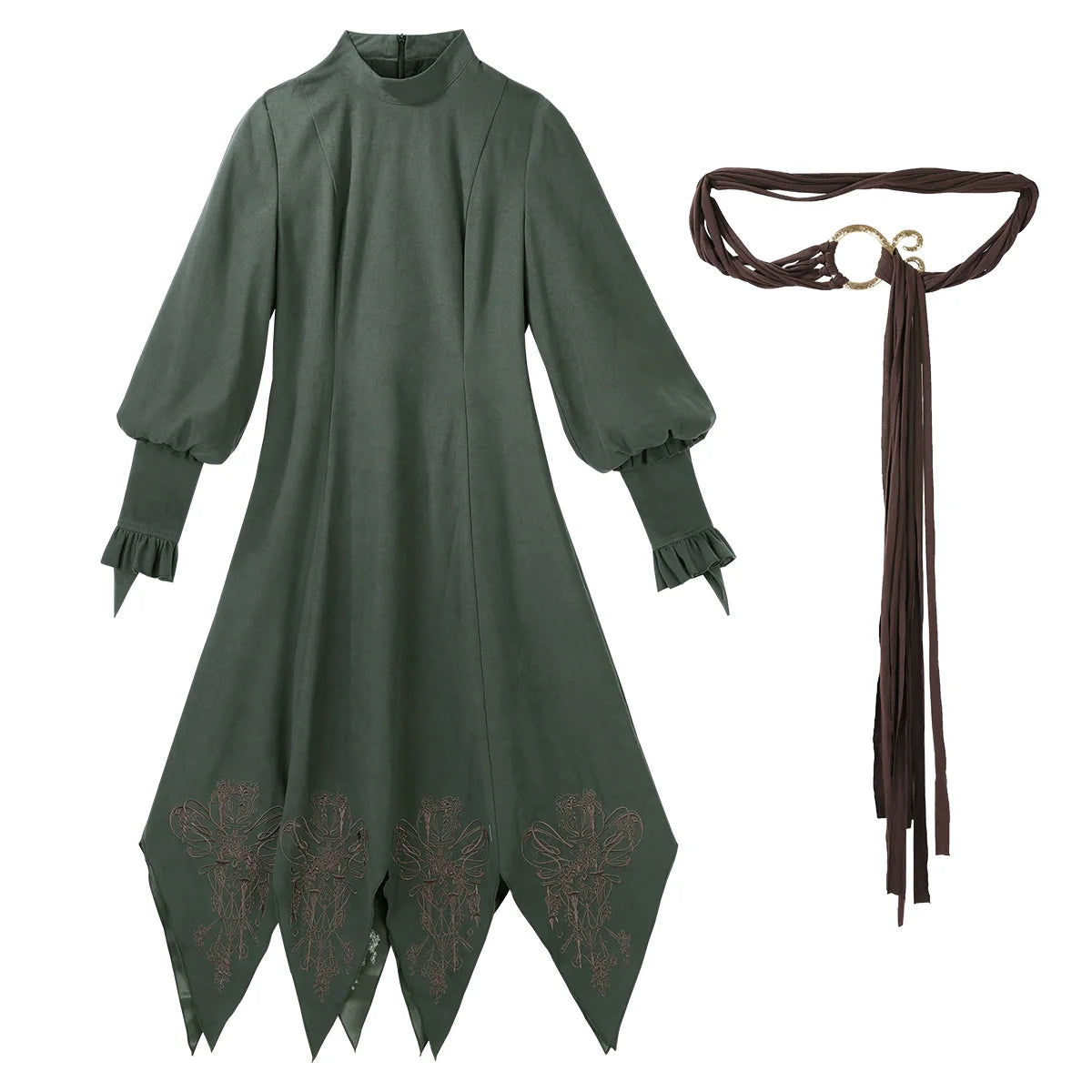 Fantasy - Style Capelet Dress with Embroidered Hem and Buckled Waist Belt