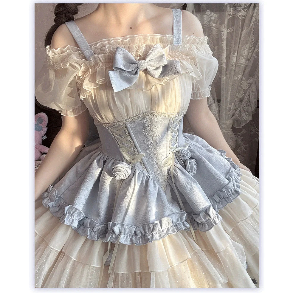 Sweet Lolita Off - the - Shoulder Dress with Tulle Skirt and Ribbon Details