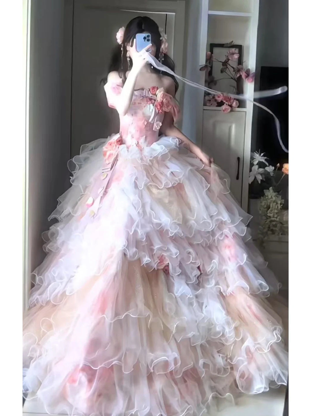 Elegant Formal Dress for Graduation, Coming-of-Age Ceremony, or Princess Wedding with Sweet Floral Bridal Style