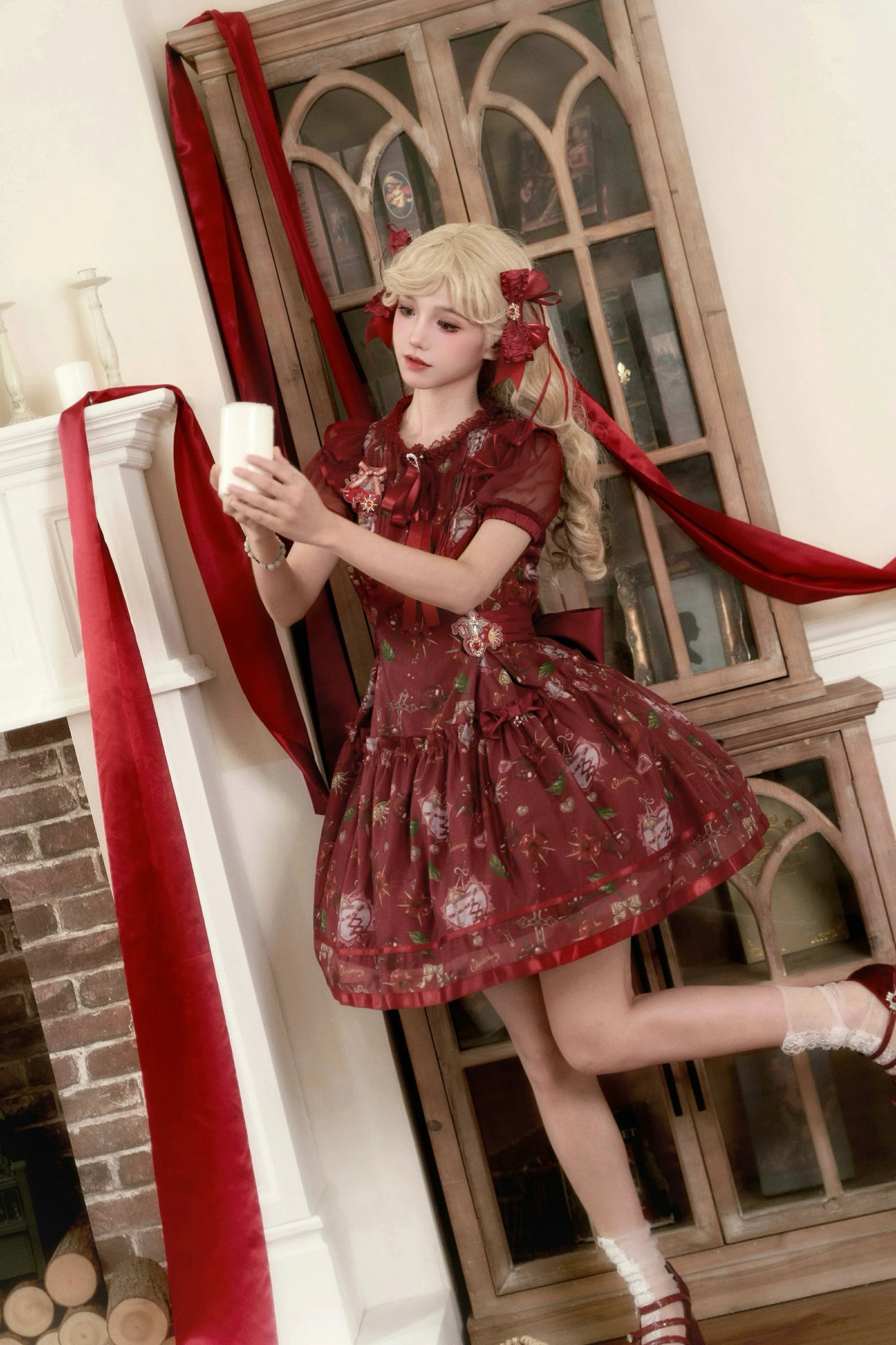 S-2XL Cherry Blossom Delight Lolita Dress – Sweet Vintage Print JSK/OP in Black, Red, Gray & White