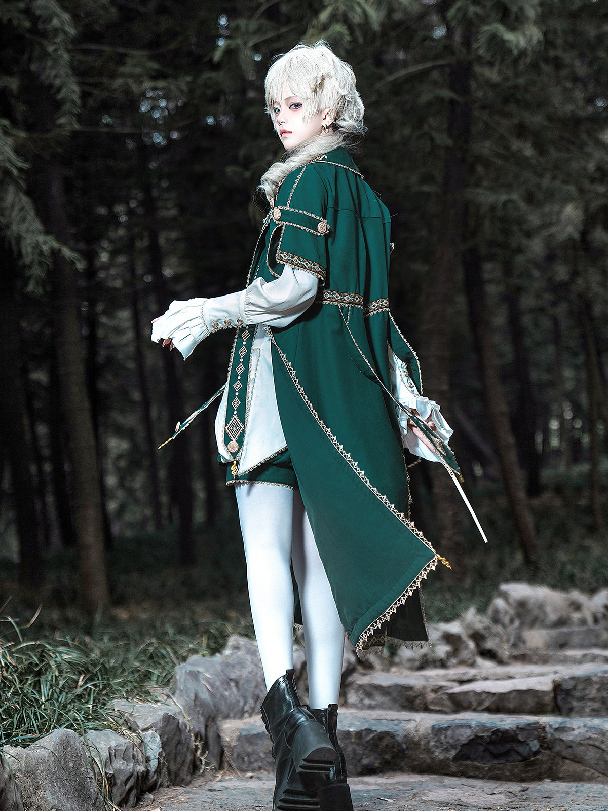 Elegant Dark Green Lolita Prince Set with Gold Embroidery - Versatile Themed Outfit