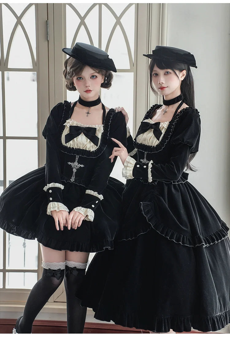 Square Neck Waist Boned Velvet OP Lolita (Gemini Winter Collection)