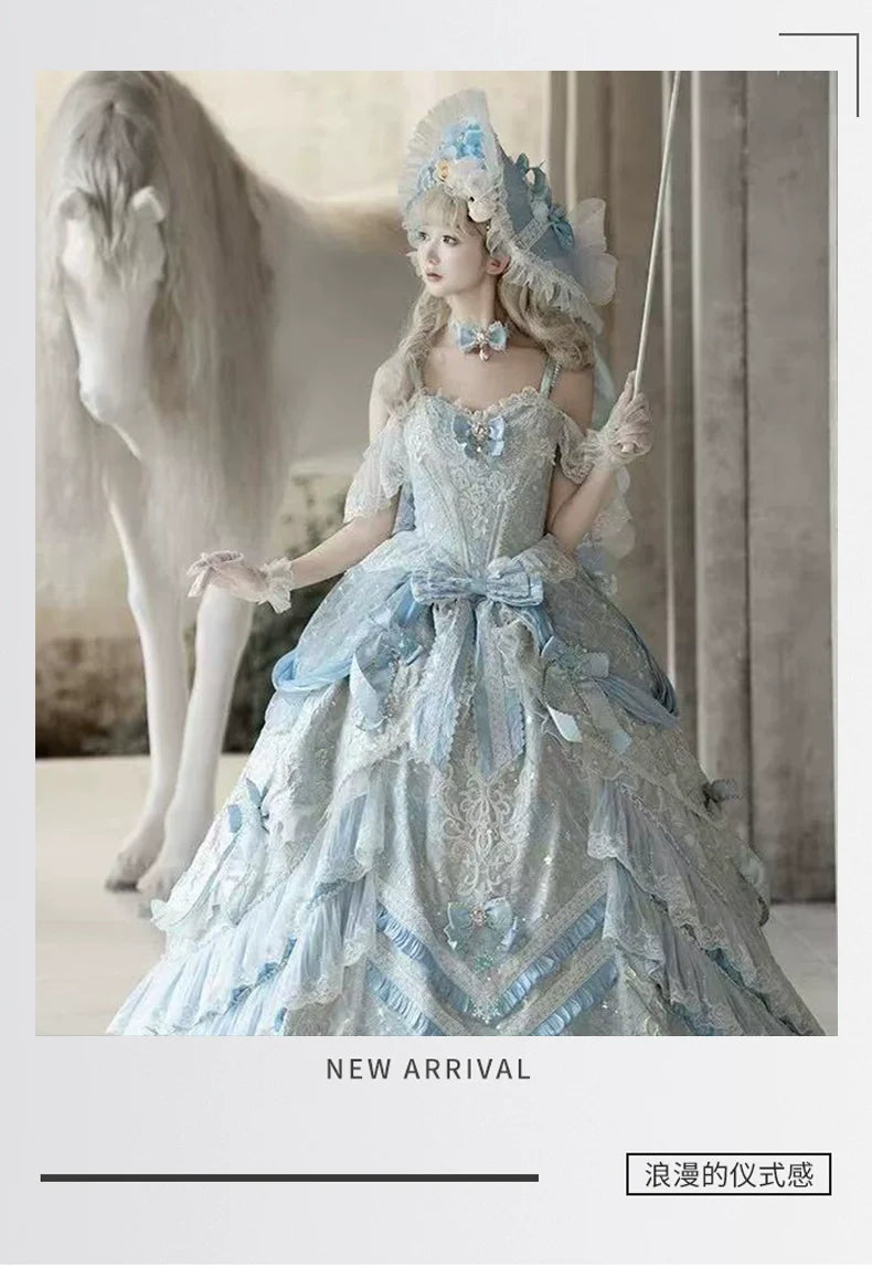 Dreamy Light - Blue Lolita Grand Ball Gown with Intricate Lace and Elegant Bow Decorations
