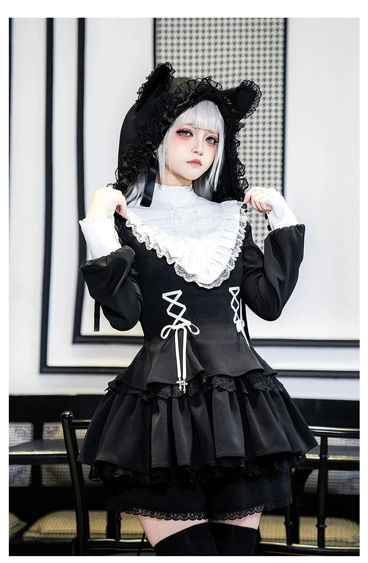 Gothic Lolita Dress with White Lace Collar, Long Sleeves and Lace - up Details