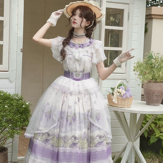 Lolita Dress - Delicate Purple - hued with Floral Patterns, Short - sleeved and Floor - length