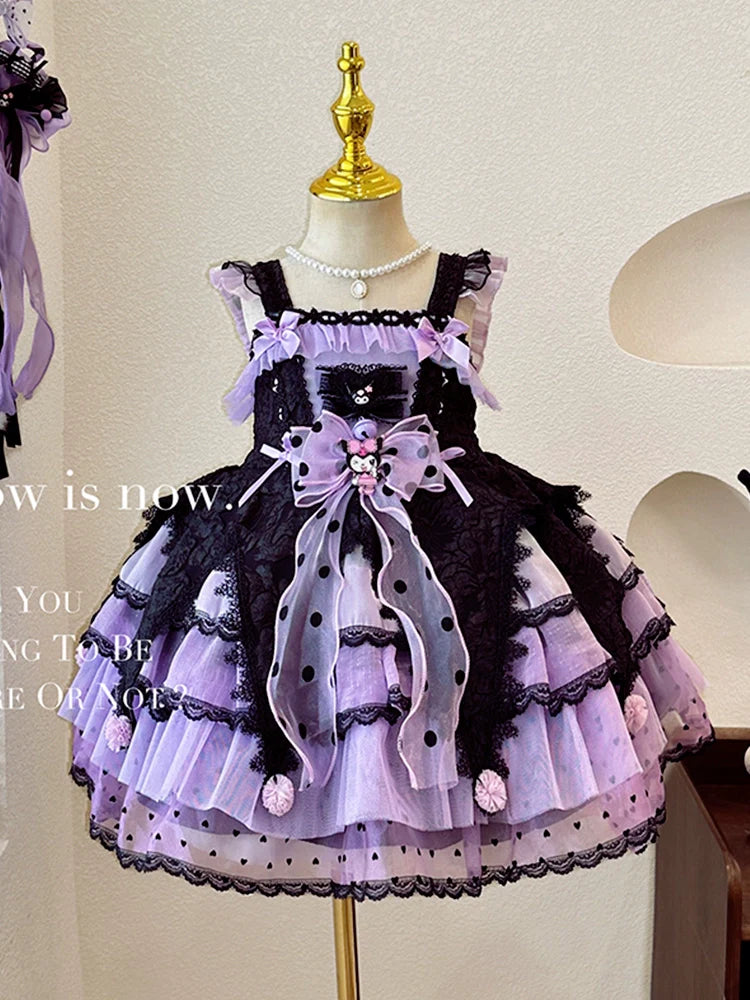 Elegant Black and Purple Lolita Dress for Girls - Intricate Lace and Ruffled Skirt - Perfect for Tea Parties and Special Occasions