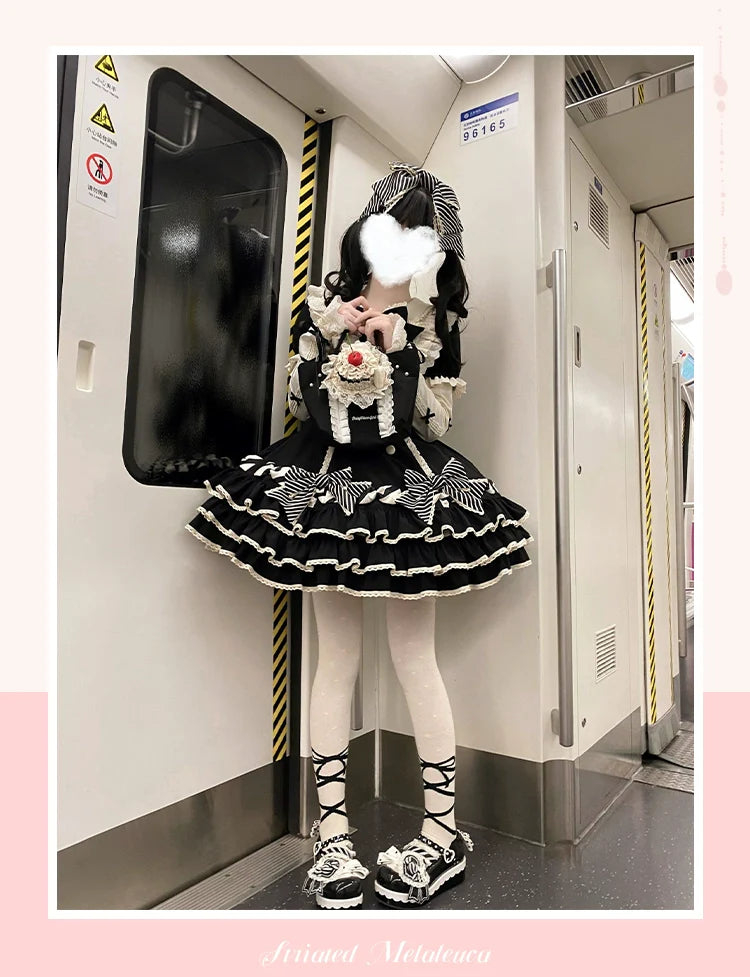 Vintage-Inspired Pink Tiered OP Lolita Dress with Striped Bows