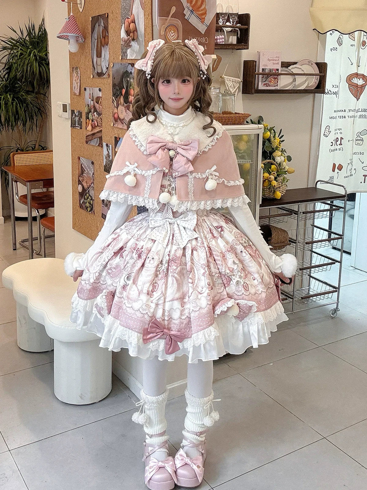 Lolita Capelette Dress Set with Bow - detail and Lace Trim, Pastel Pink and White Color Scheme