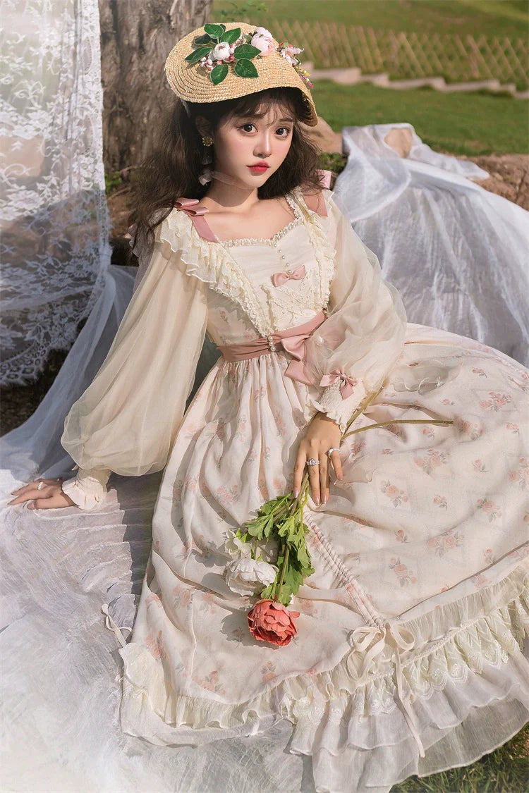Elegant Cream Lolita Dress with Floral Embroidery and Ruffled Skirt - Perfect for Tea Parties and Special Occasions